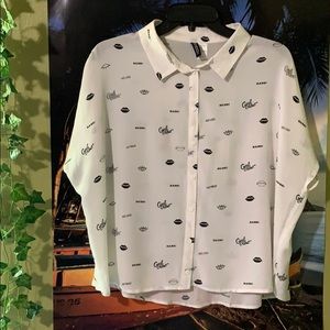 Graphic White Semi Sheer Button Down Blouse